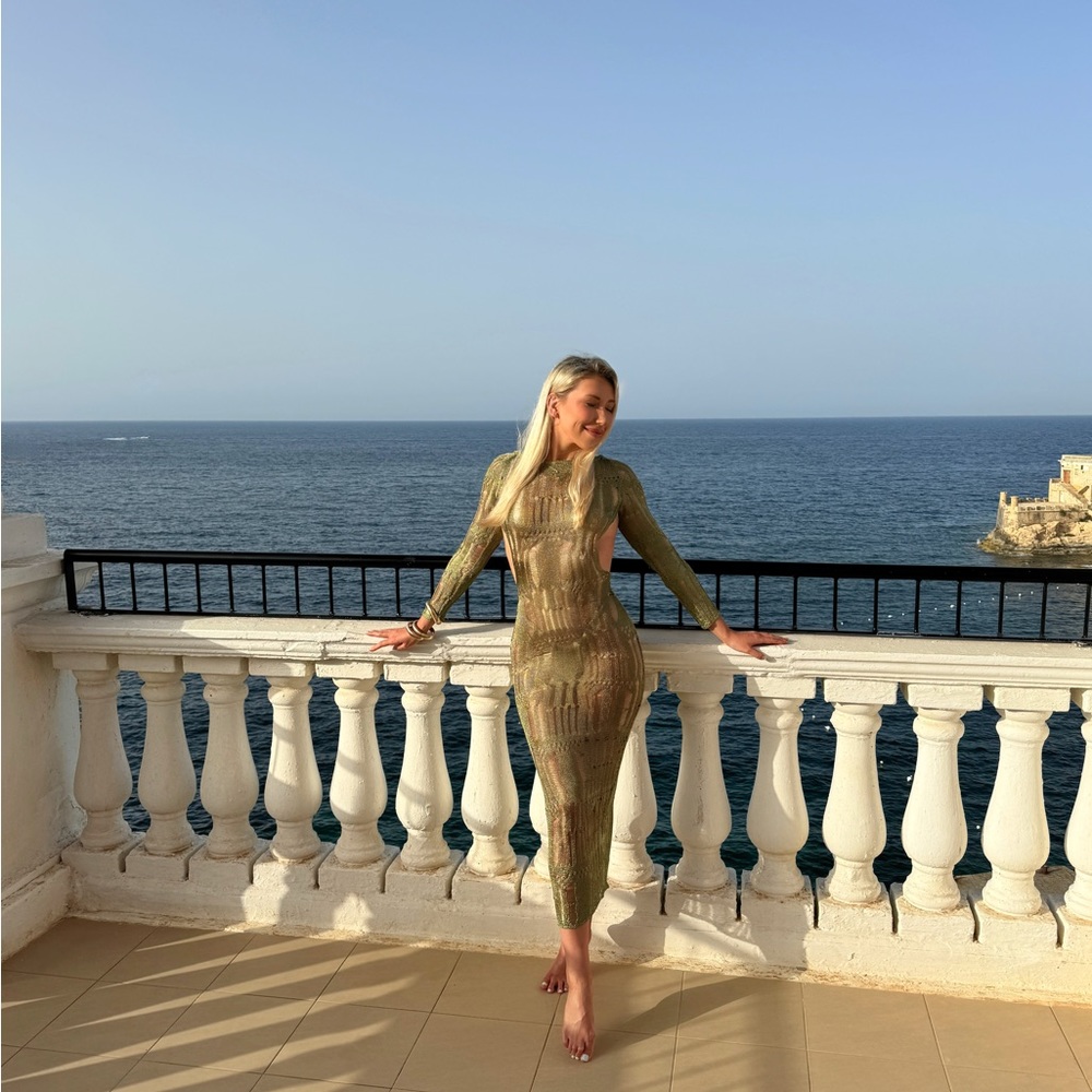 Elegant Sheer Green Metallic Long Sleeve Dress